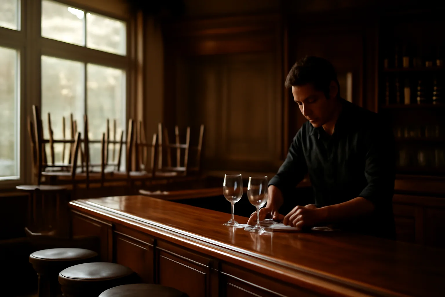 Bartender preparing an empty restaurant bar in morning light before opening