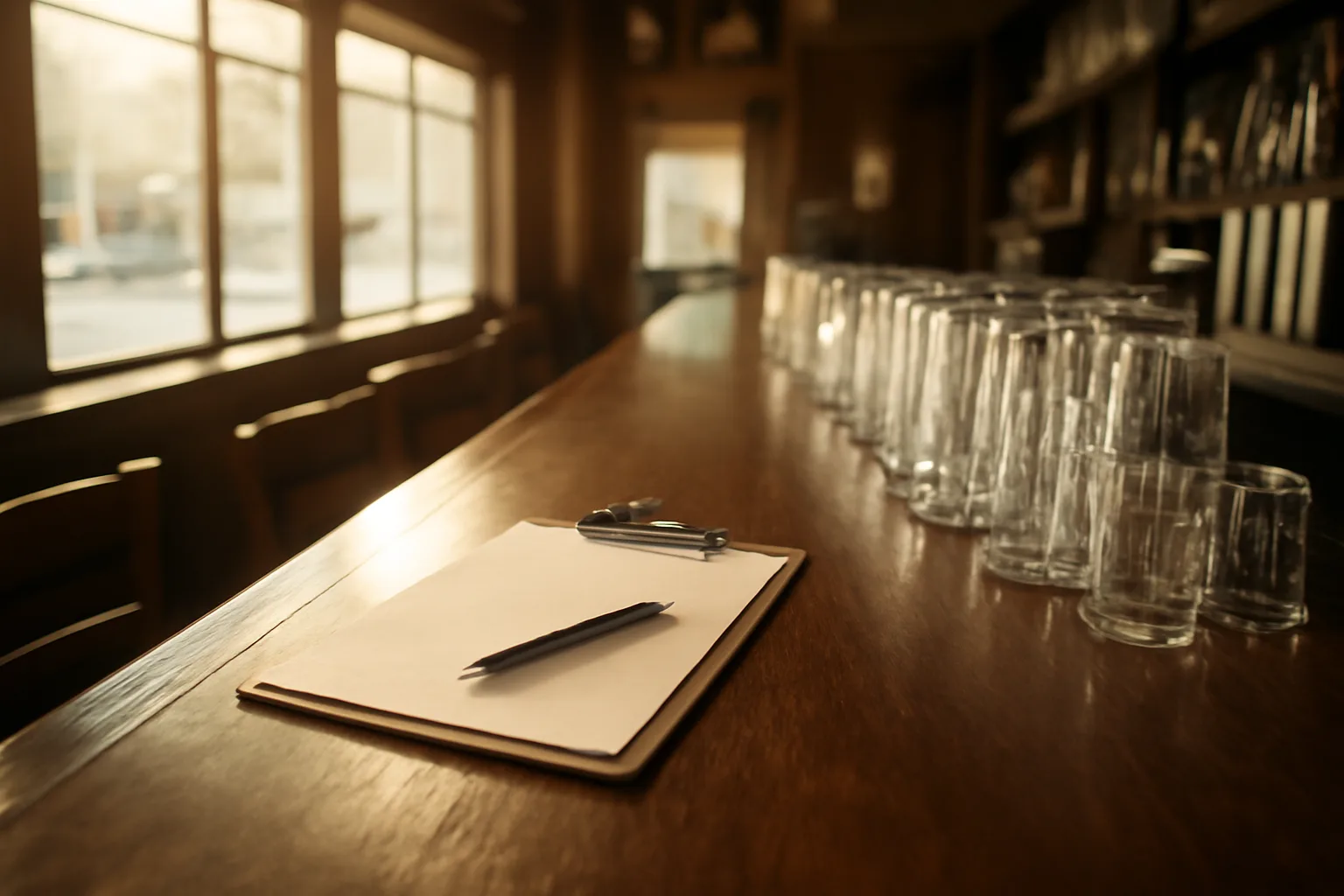 Empty restaurant bar counter in morning light, representing the cost of a Texas liquor license