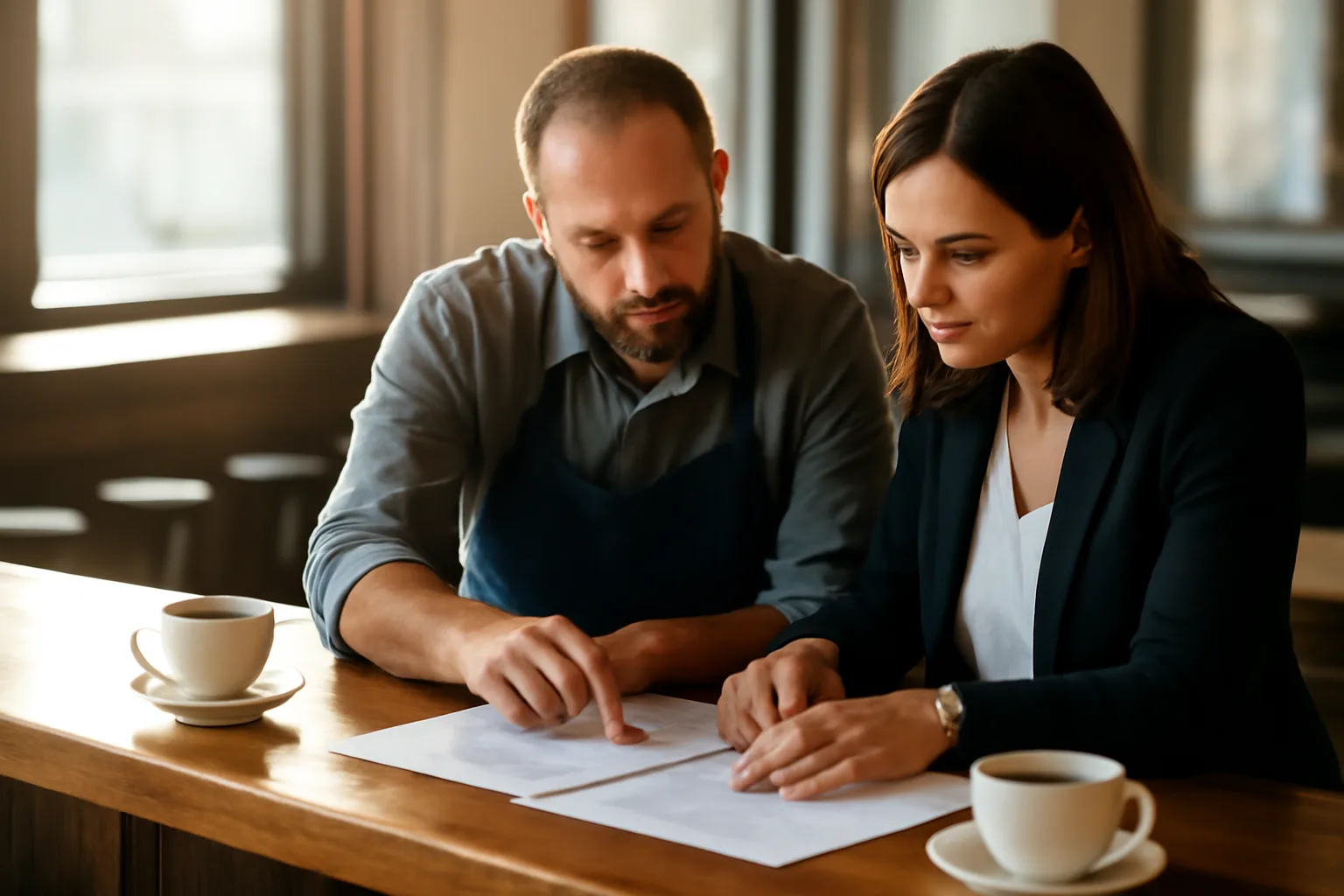 Restaurant owner reviewing liquor license paperwork with an advisor at a bar counter
