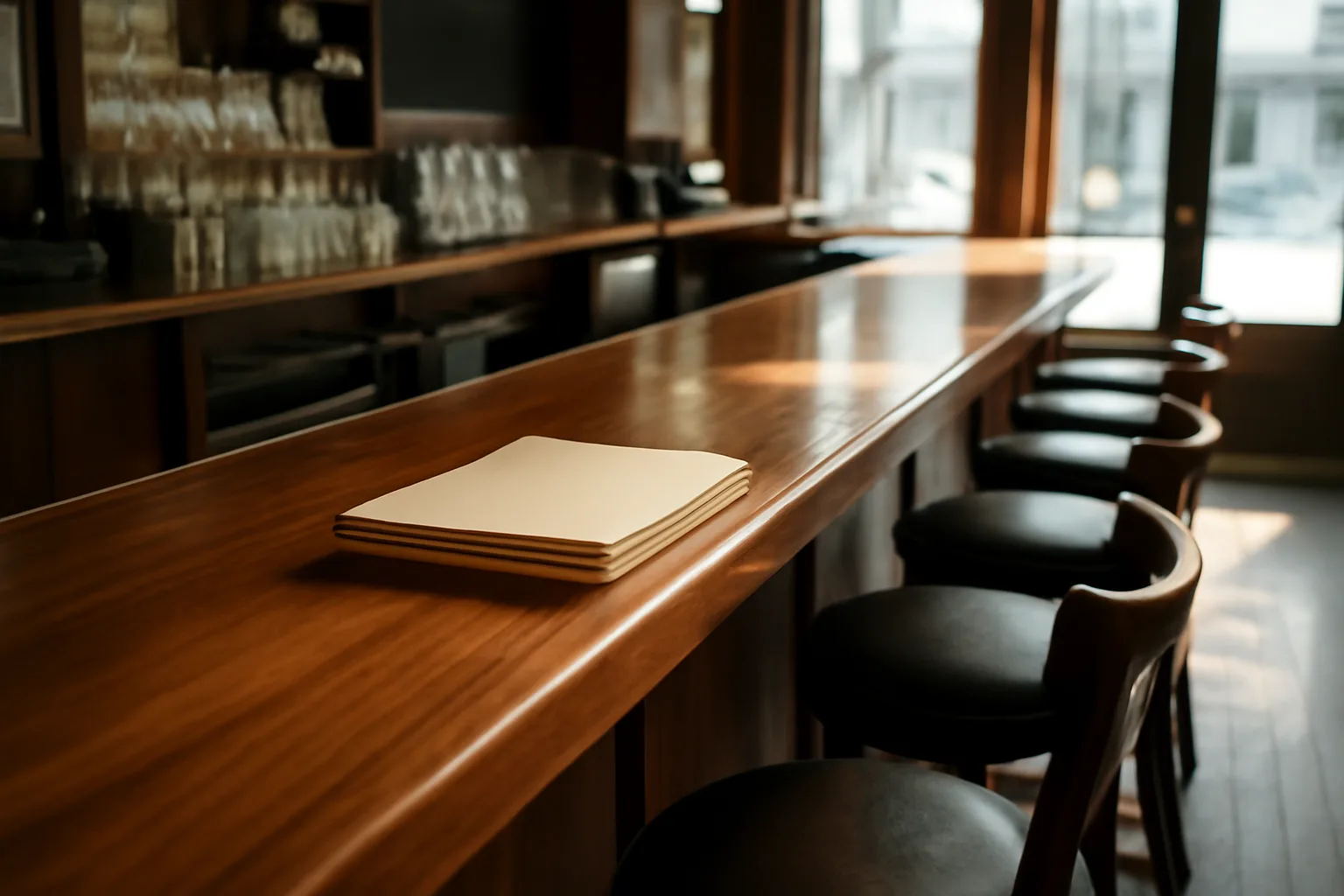 Empty restaurant bar counter with sunlight, representing the cost of a liquor license in California