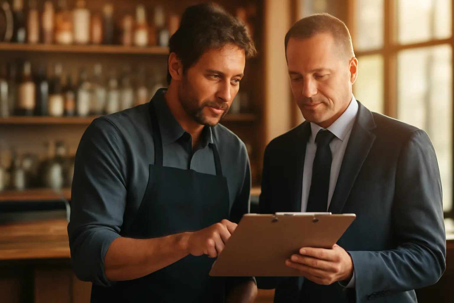 Restaurant owner and inspector reviewing paperwork near a bar during a liquor license visit