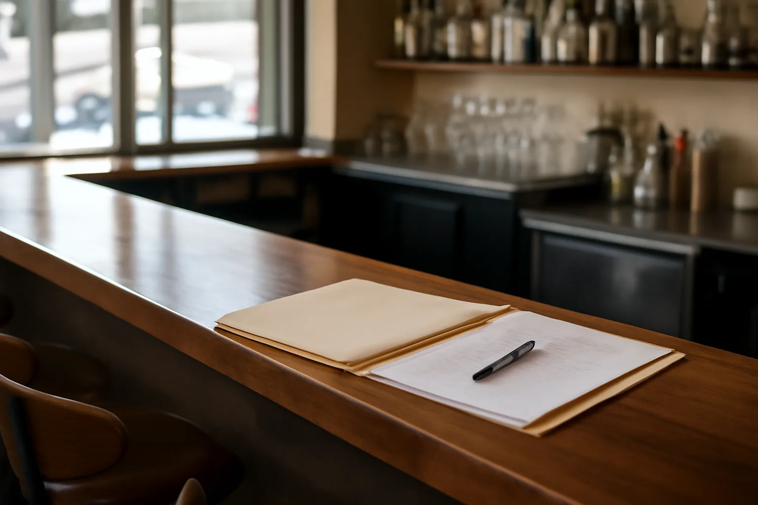 Restaurant bar counter with paperwork folder, representing cost of liquor license Colorado planning