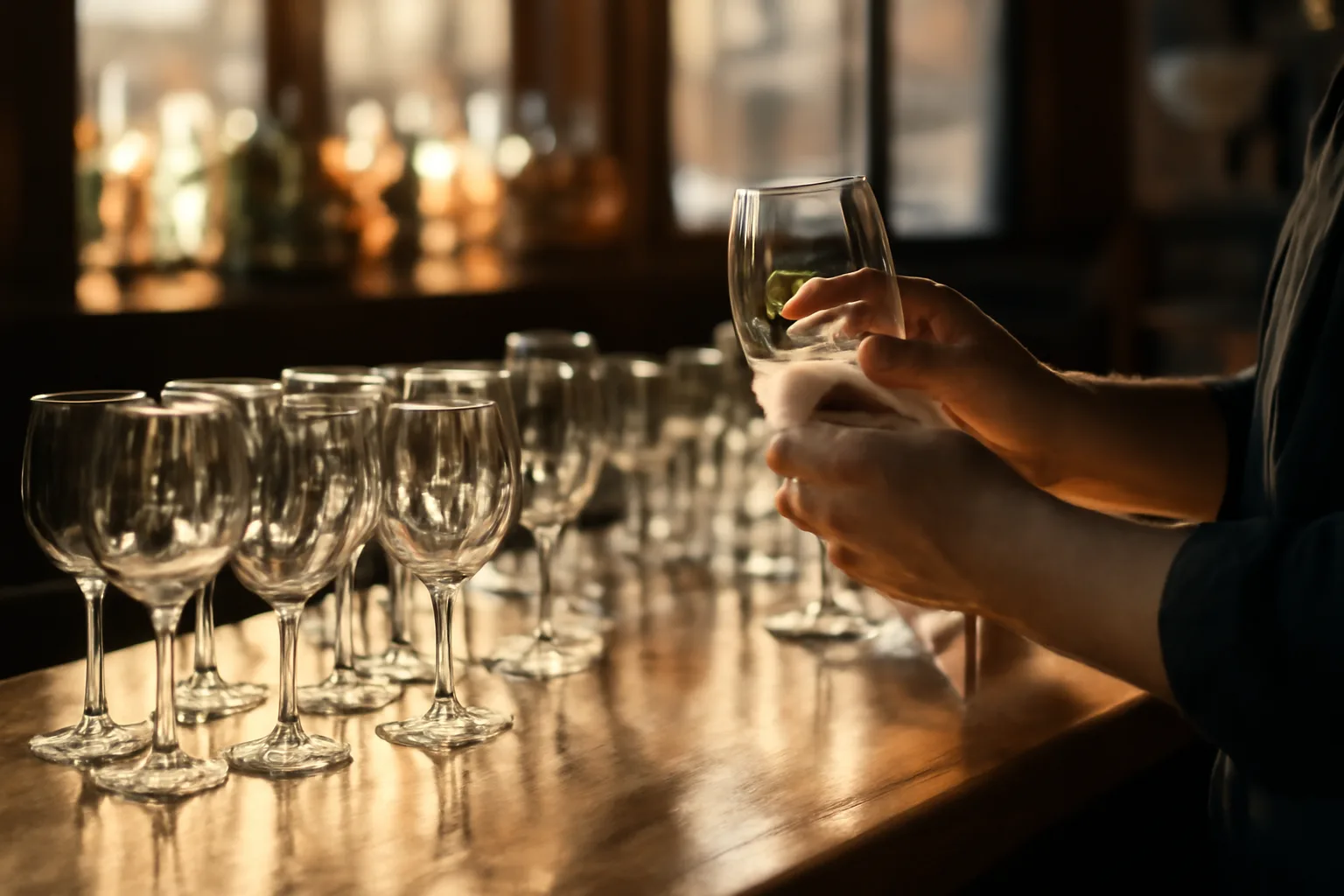 Bartender polishing glassware at a wooden bar during golden hour light