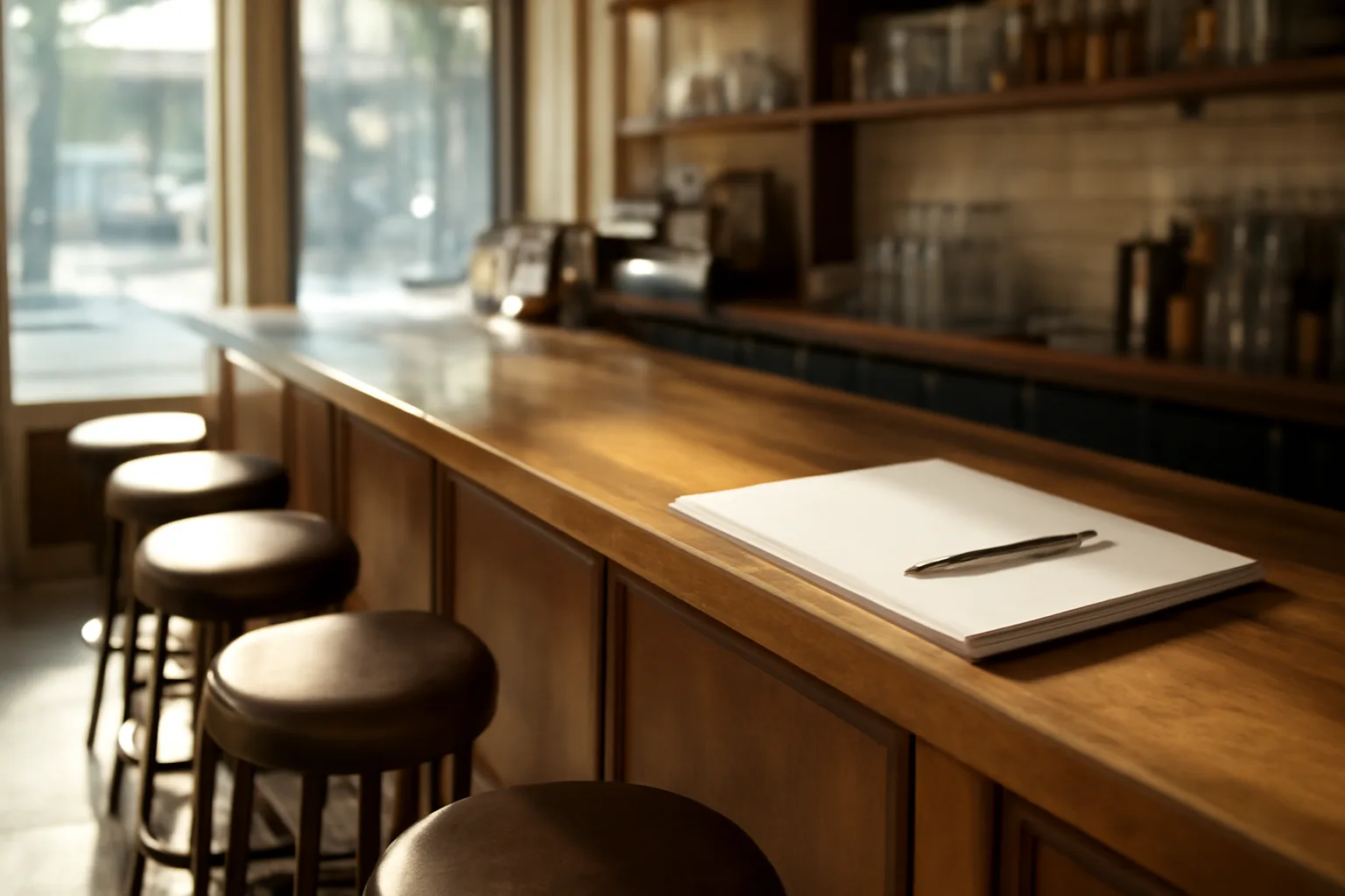 Empty restaurant bar counter with paperwork, representing Texas liquor license cost planning