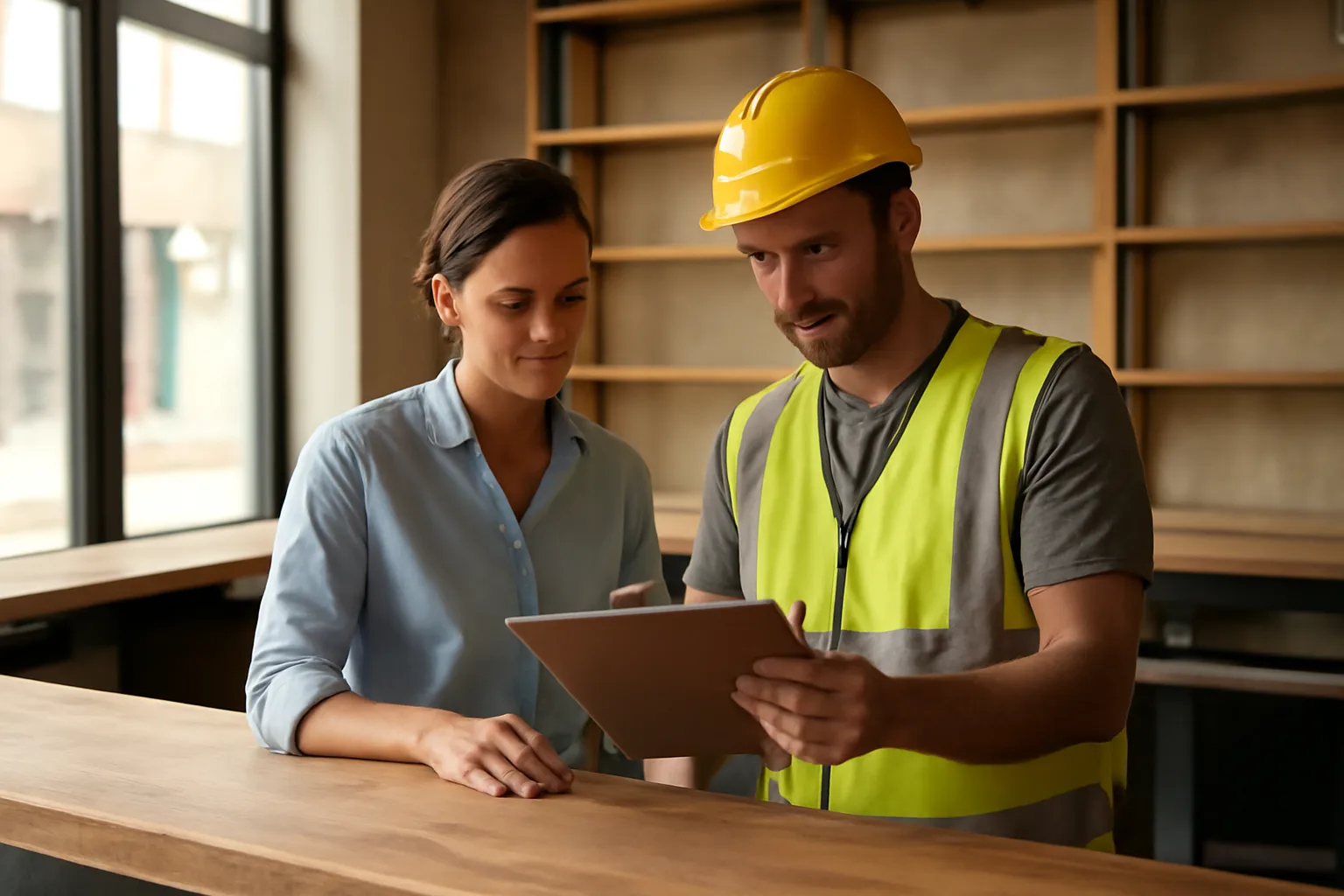 Restaurant owner reviewing paperwork at an unfinished bar counter during buildout