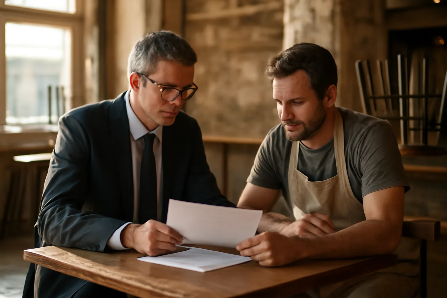 Restaurant owner reviewing liquor license paperwork with advisor in unfinished bar space