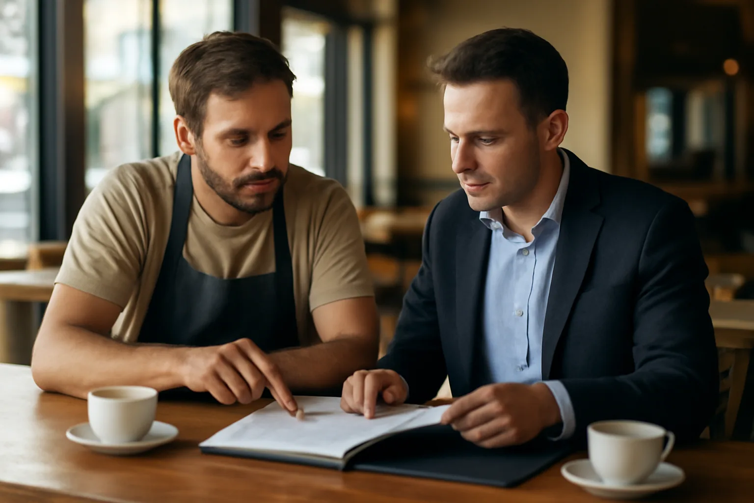 restaurant owner reviewing liquor license paperwork with consultant at a bar counter