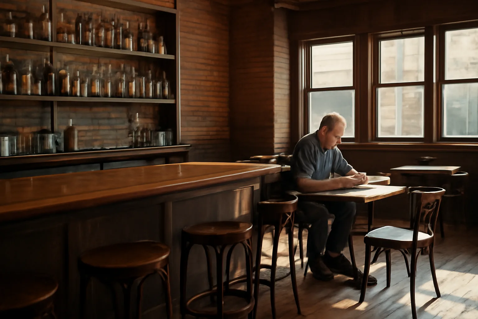 Bar owner reviewing documents at an empty bar during morning light before opening