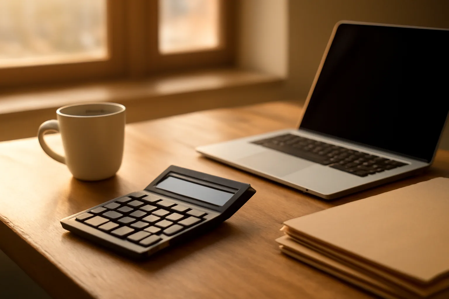 Restaurant owner's desk with calculator and folders while budgeting liquor license costs