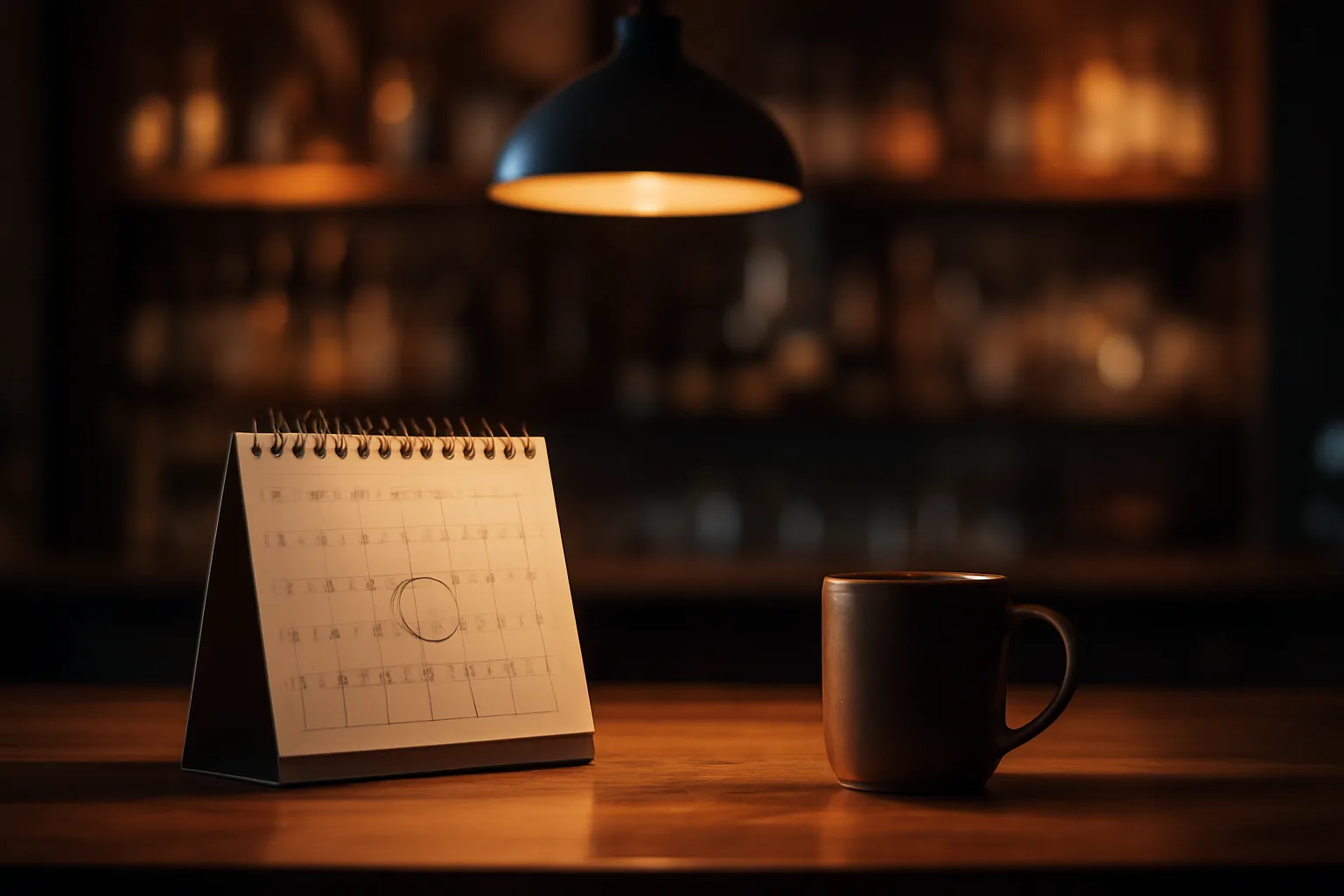 Restaurant desk scene showing a calendar reminder near liquor license renewal time