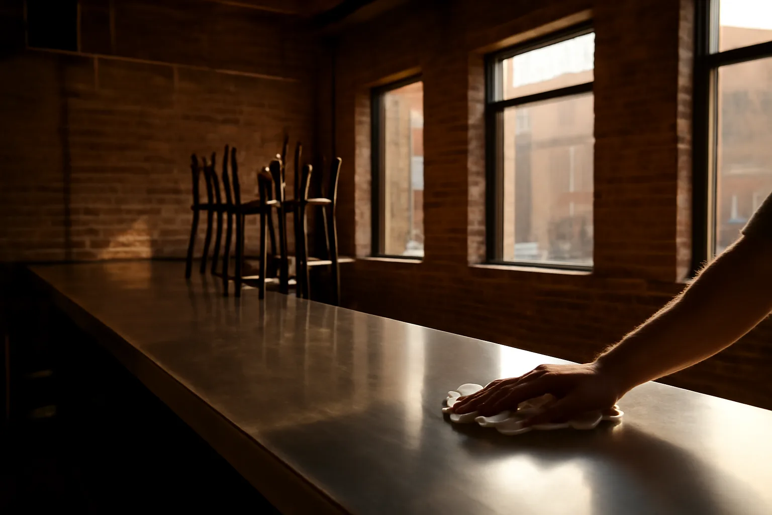 Empty bar interior mid-renovation with light through windows, illustrating liquor license cost planning