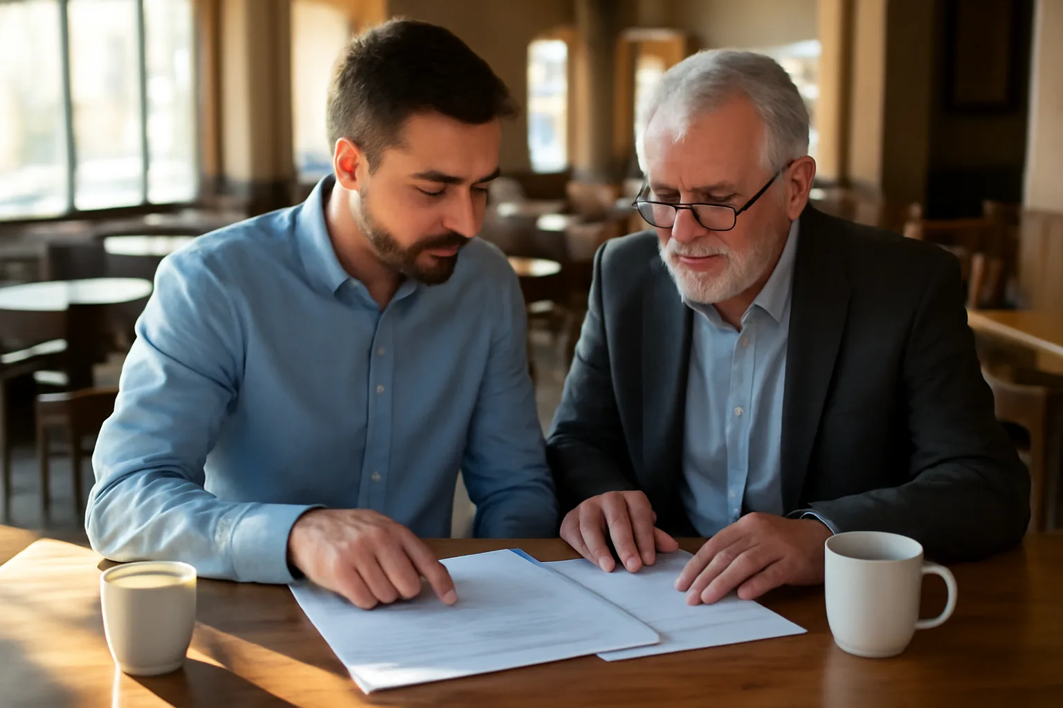 restaurant owner and advisor reviewing liquor license paperwork at an empty bar counter