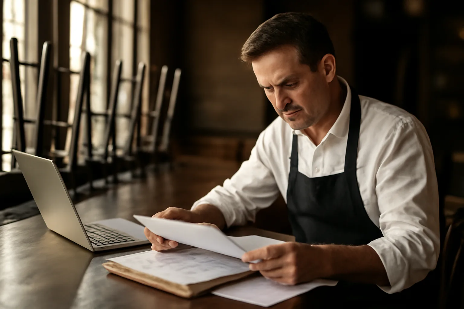 Restaurant owner reviewing liquor license paperwork at an empty bar counter