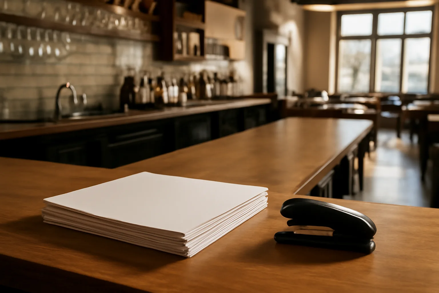 Empty restaurant bar counter with paperwork, representing California liquor license cost planning