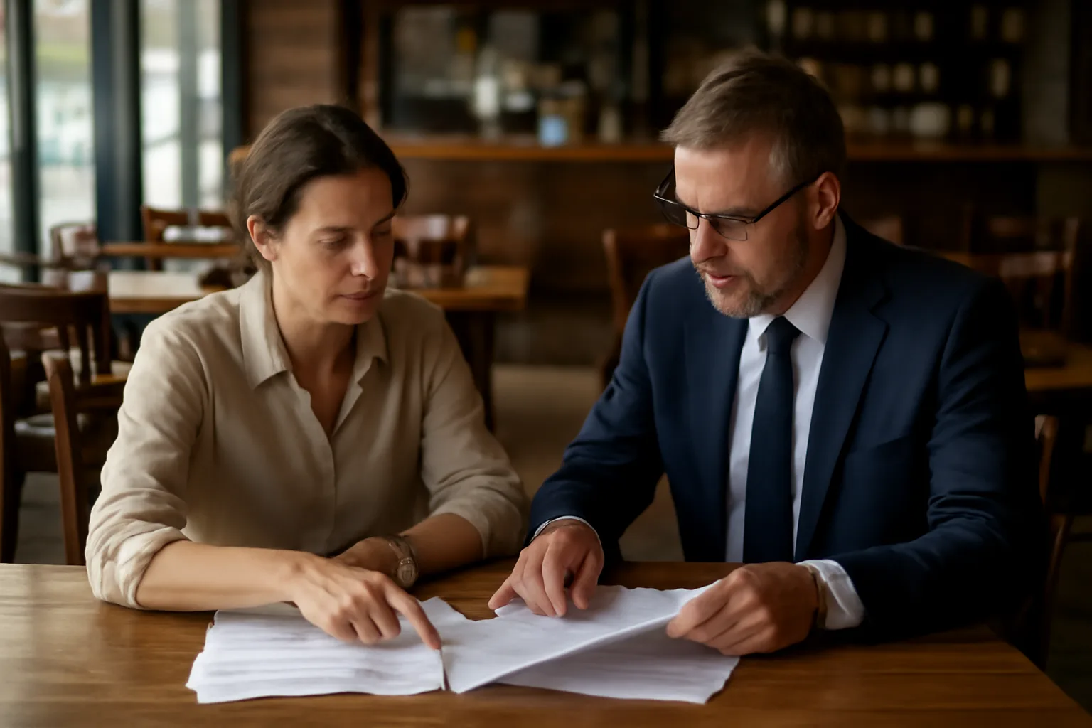 Restaurant owner and attorney discuss liquor license paperwork at a table inside empty restaurant