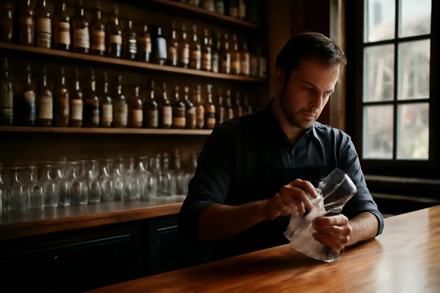 Bartender polishing a glass at an empty restaurant bar in afternoon light