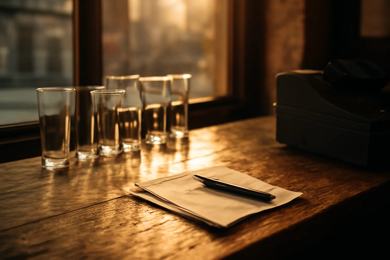 Empty bar counter with paperwork and pen, representing Michigan liquor license costs and paperwork