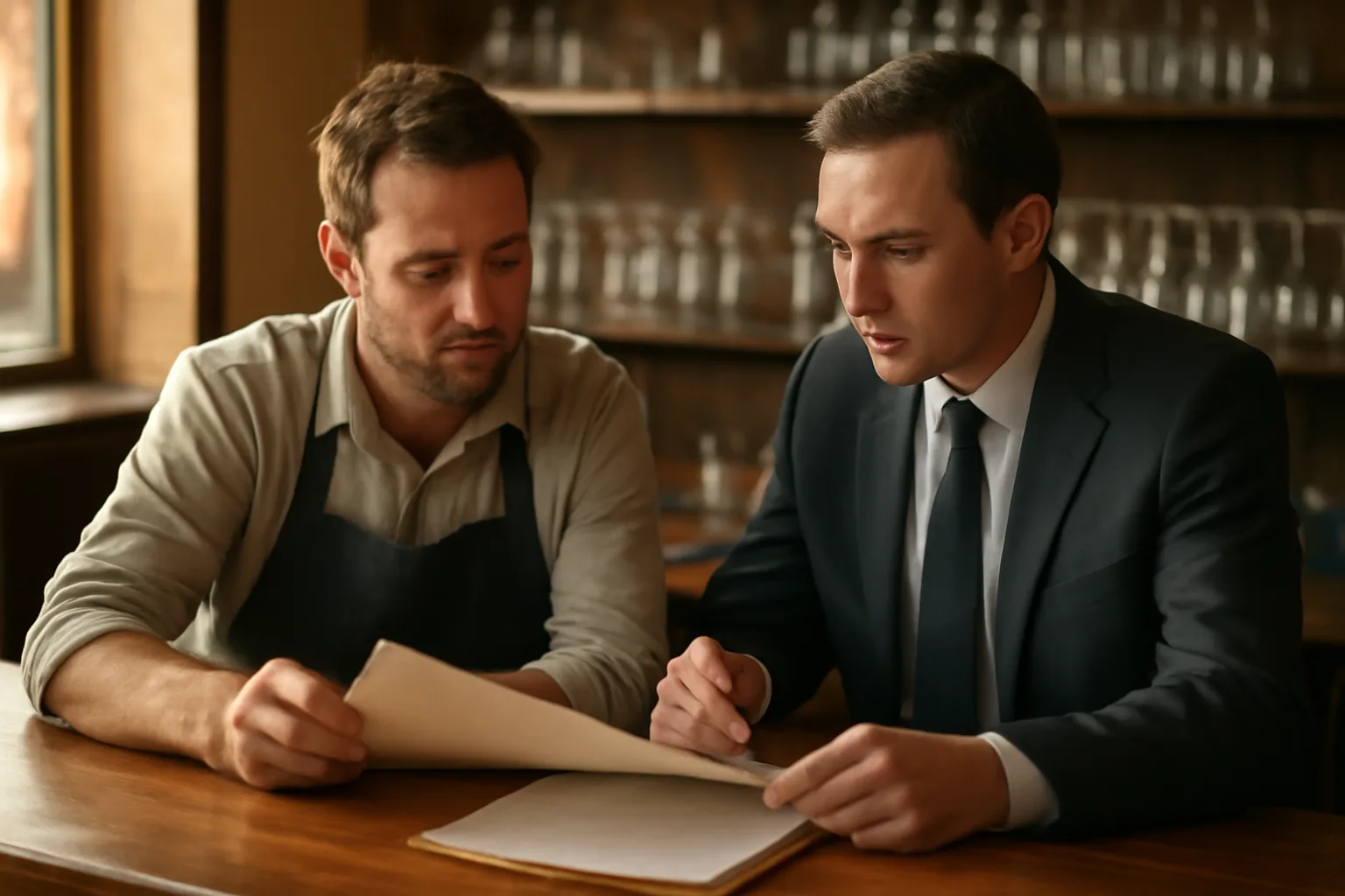 Restaurant owner and attorney reviewing liquor license paperwork at empty bar