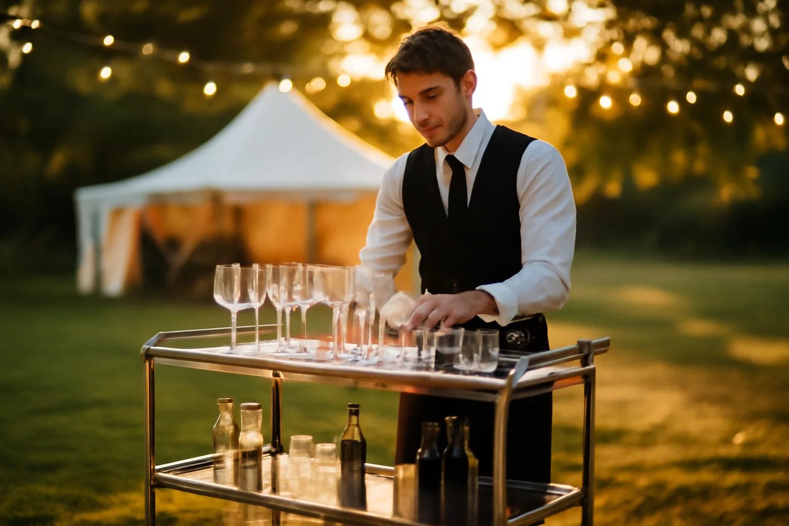 portable bar cart set up outdoors at a catered evening event