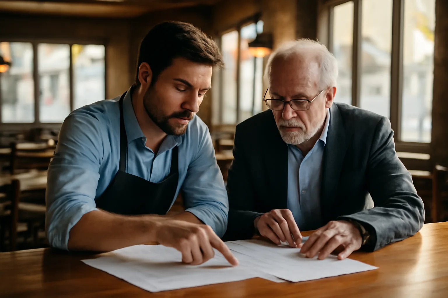 restaurant owner reviewing liquor license paperwork with consultant at an empty bar