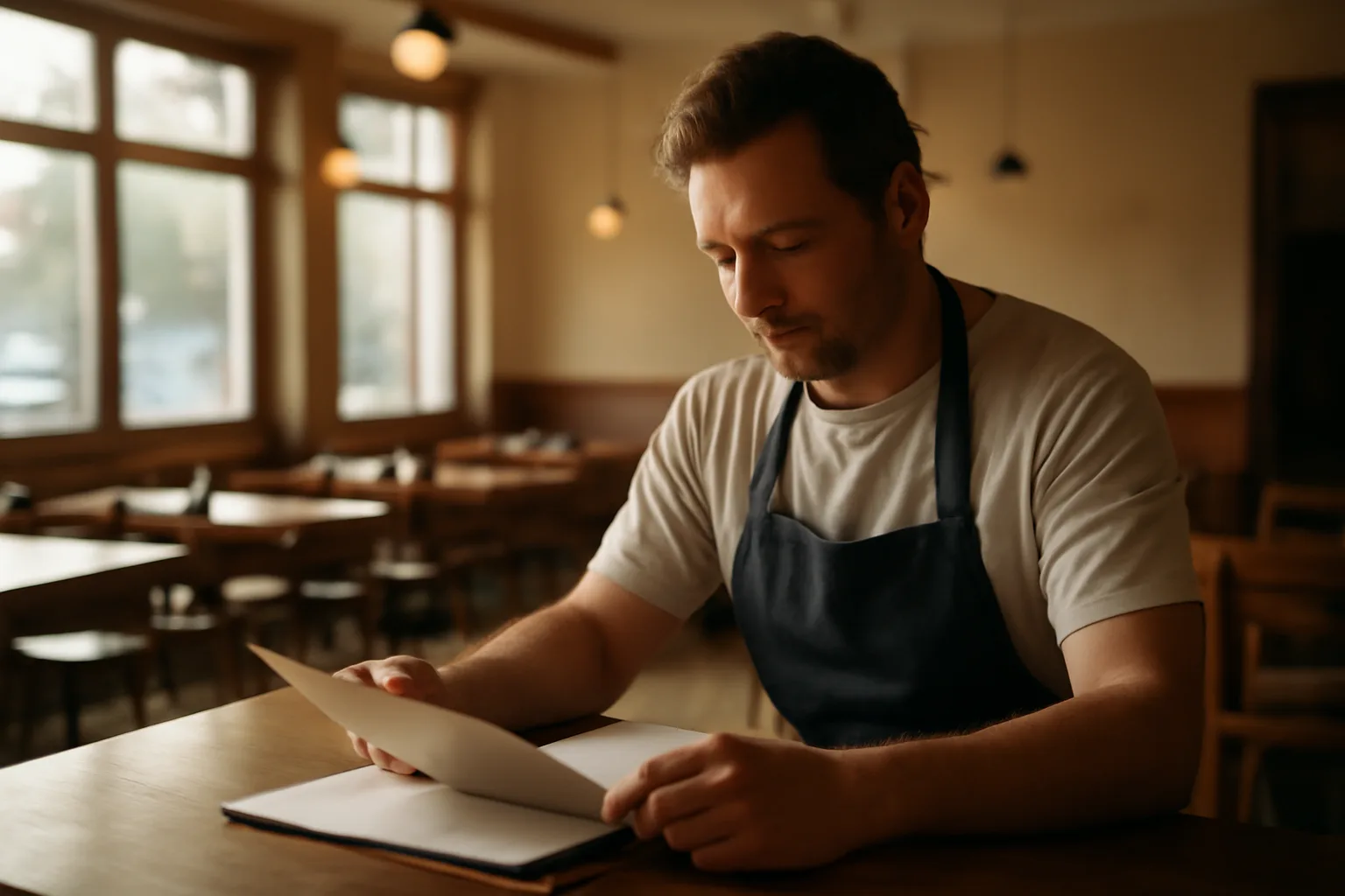 Restaurant owner reviewing paperwork at bar counter before opening, checking liquor license costs
