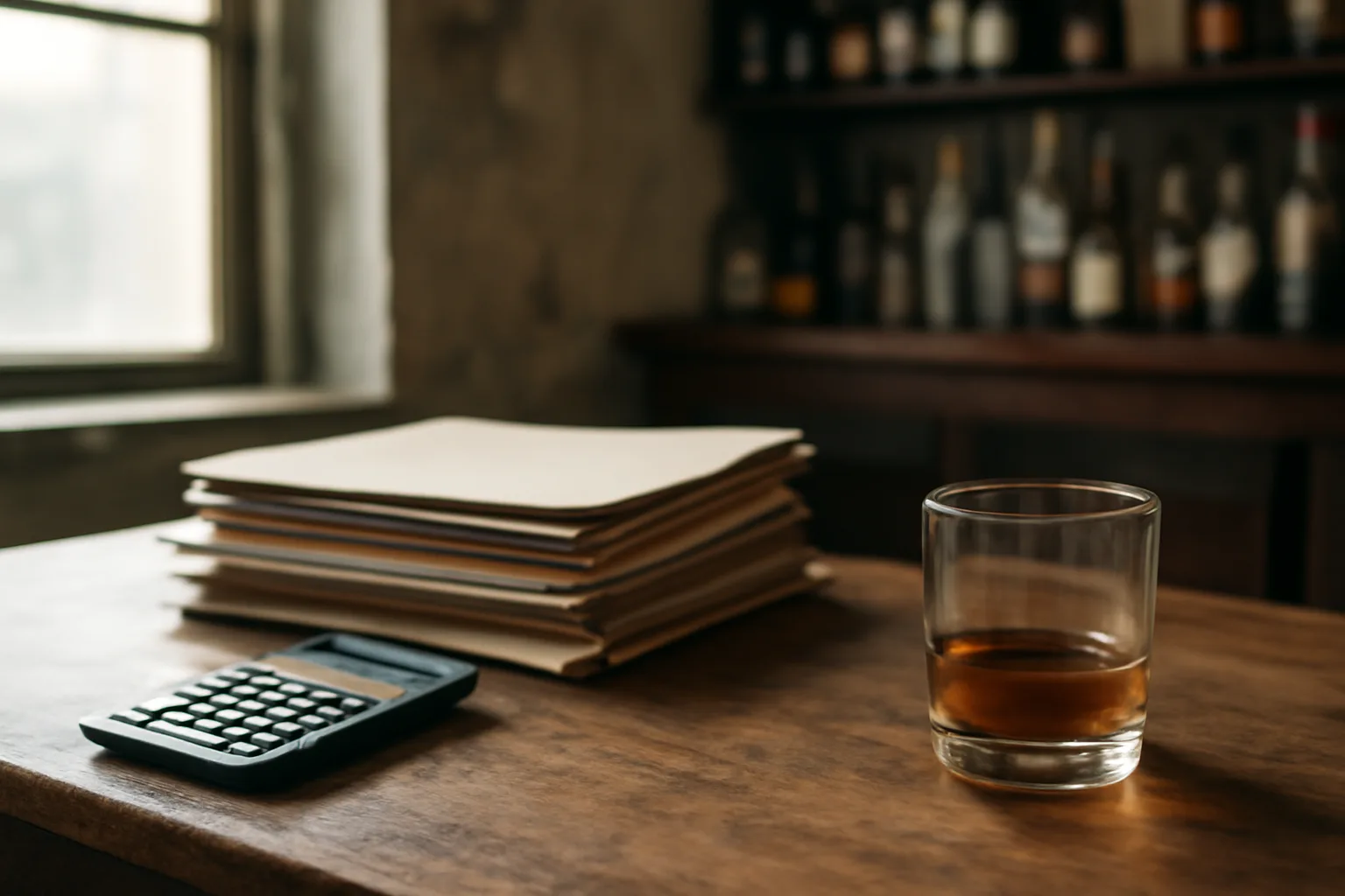 Bar owner's desk with paperwork and calculator representing liquor license cost planning