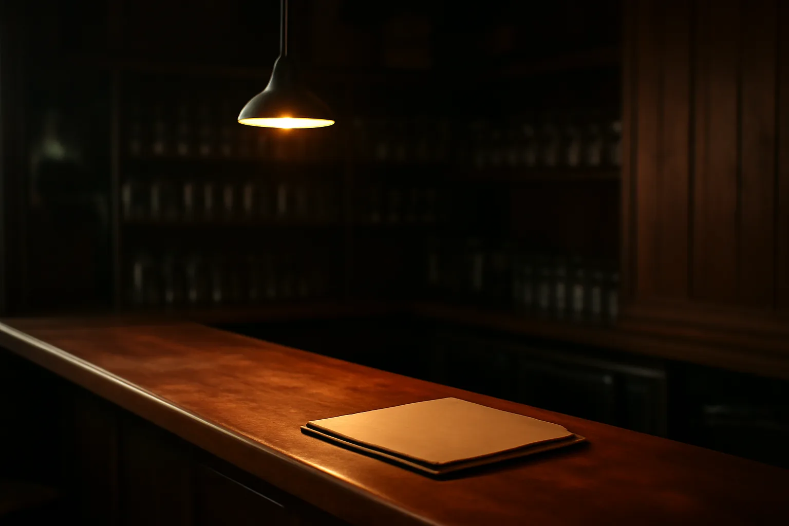 Empty restaurant bar counter at night representing the cost of getting a liquor license