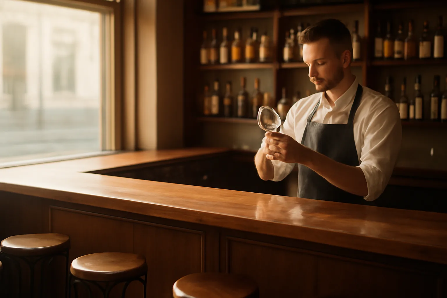 Empty bar interior with bartender, evoking the cost of a liquor license for a new business