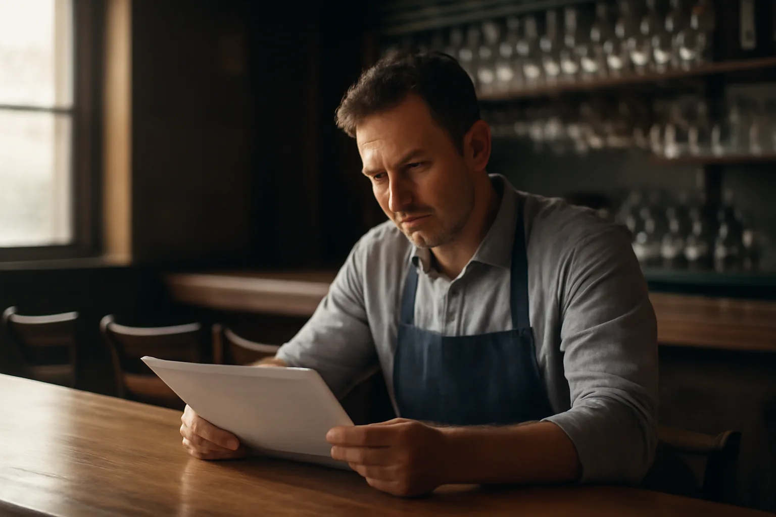 Restaurant owner reviewing license paperwork at empty bar counter in morning light