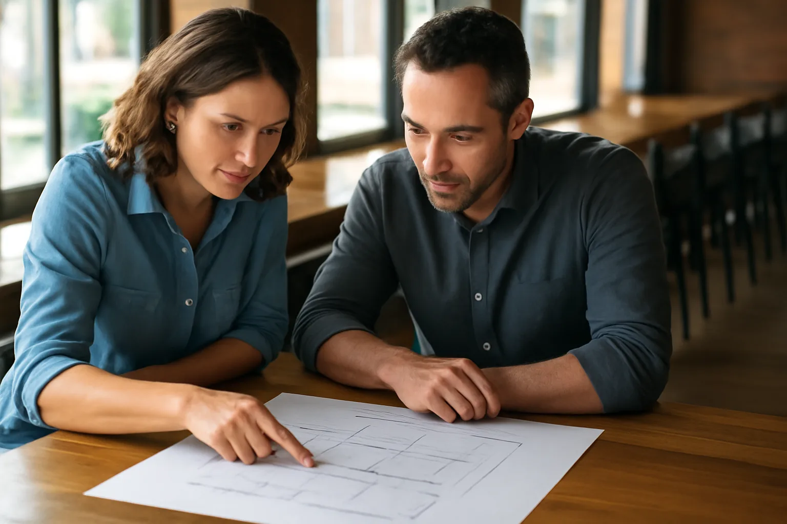 Two people reviewing a bar floor plan while discussing liquor license costs and requirements