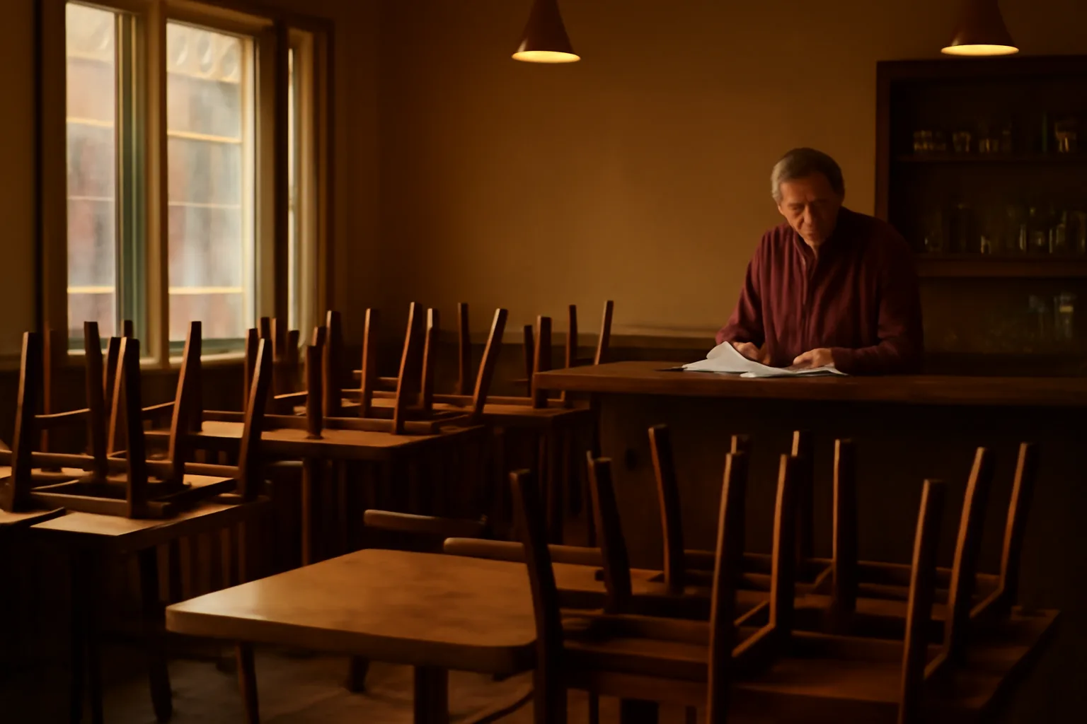Restaurant owner reviewing paperwork alone at a bar counter before opening