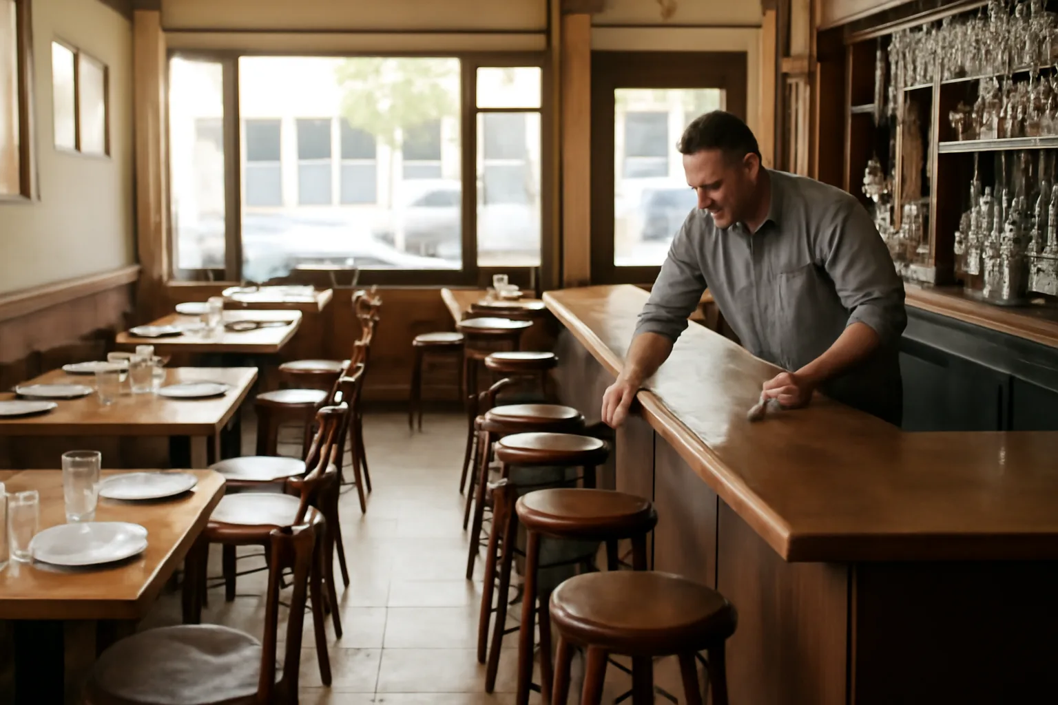 Bartender wiping down bar counter in empty restaurant before opening, illustrating liquor license cost planning