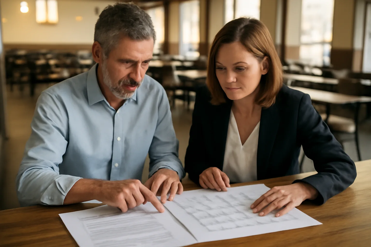 restaurant owner and attorney reviewing documents at a bar discussing liquor license cost