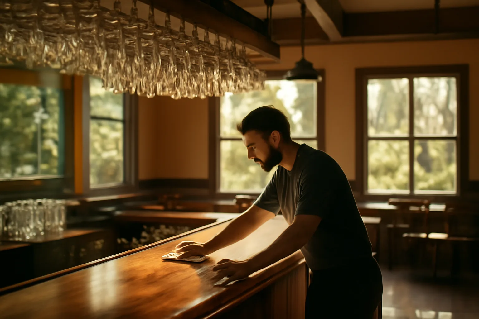 Empty sunlit restaurant bar counter in Florida during afternoon setup before opening
