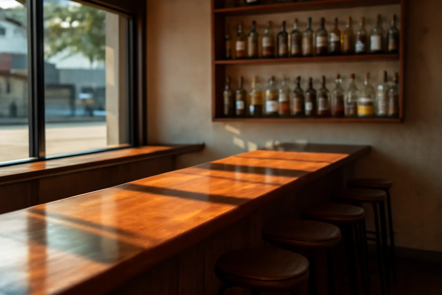 Empty restaurant bar with sunlight, representing the cost of a New York liquor license