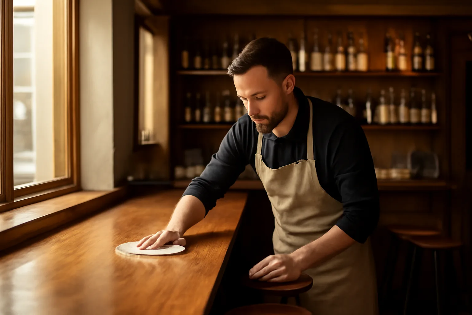 Bartender preparing a restaurant bar before opening, illustrating NYS liquor license cost planning