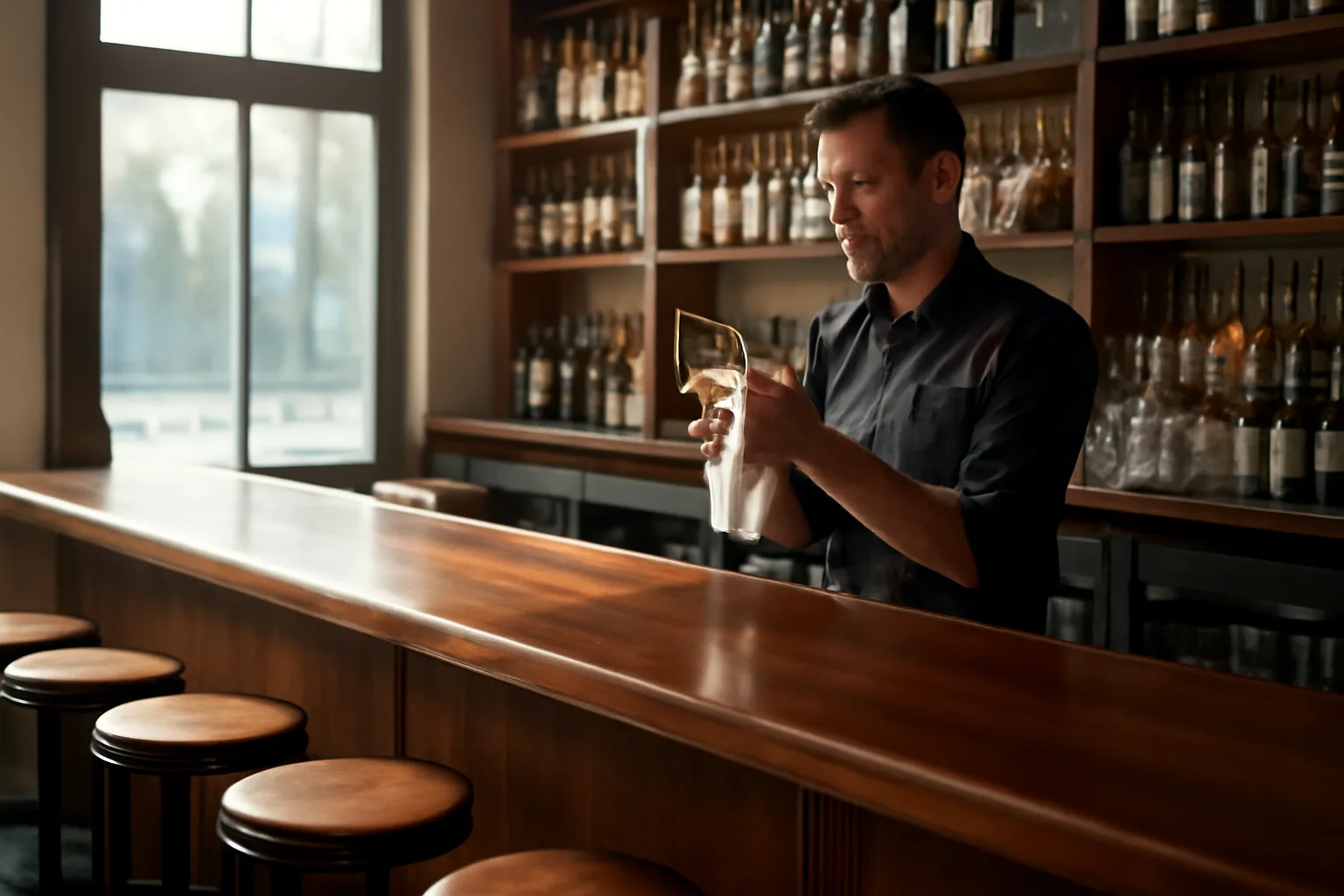 Bartender preparing an empty restaurant bar before opening, illustrating Oklahoma liquor license planning