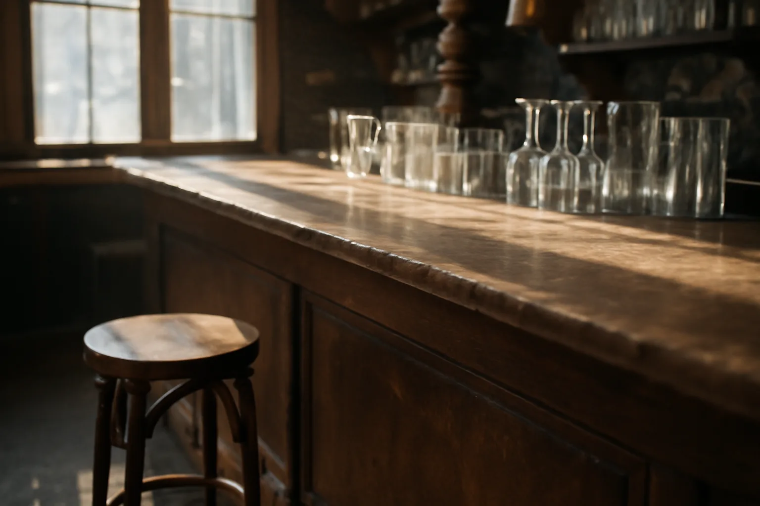 Empty bar counter in daylight illustrating the cost of getting a liquor license