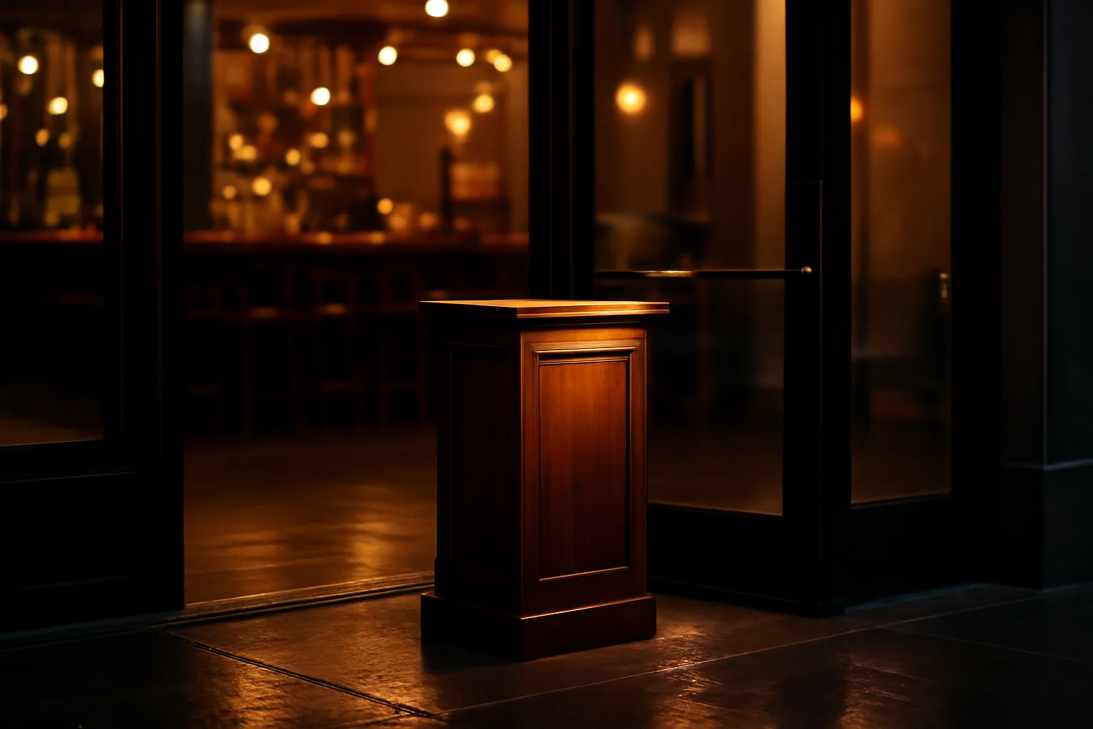 Restaurant entrance at dusk representing the cost of a San Diego liquor license