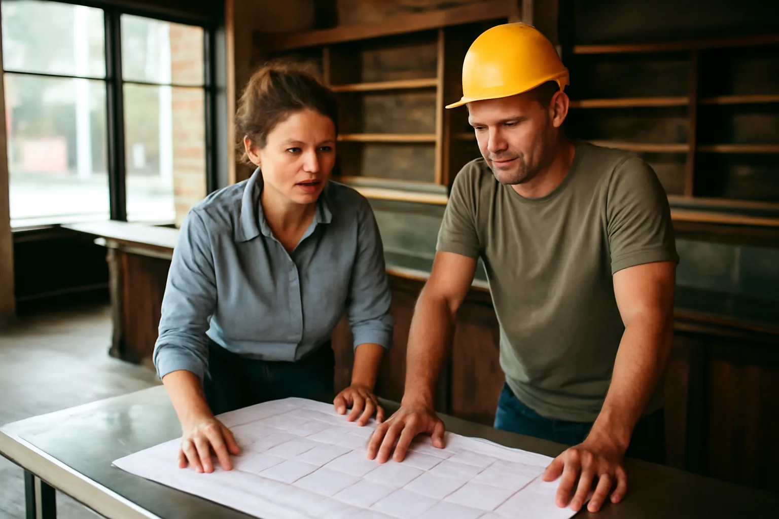 Restaurant owner reviewing floor plans in an unfinished bar during a liquor license buildout