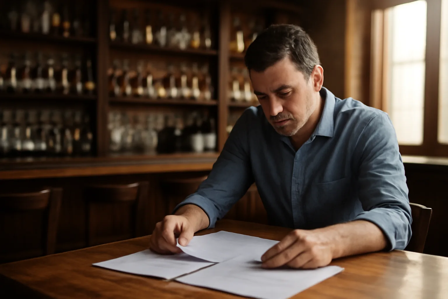 Restaurant owner reviewing liquor permit cost paperwork at an empty bar counter