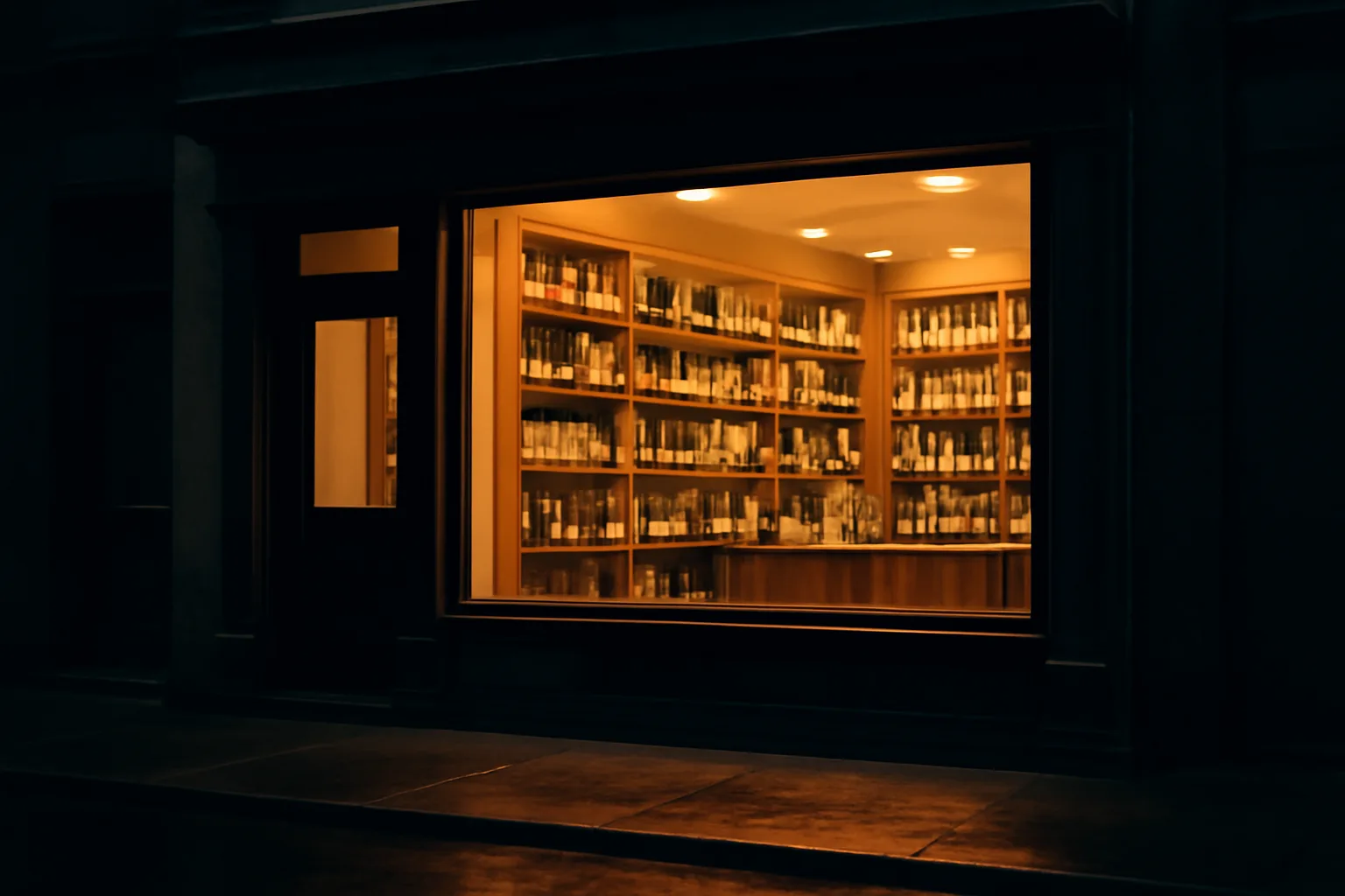 Independent liquor store storefront lit at dusk illustrating liquor store license cost topic