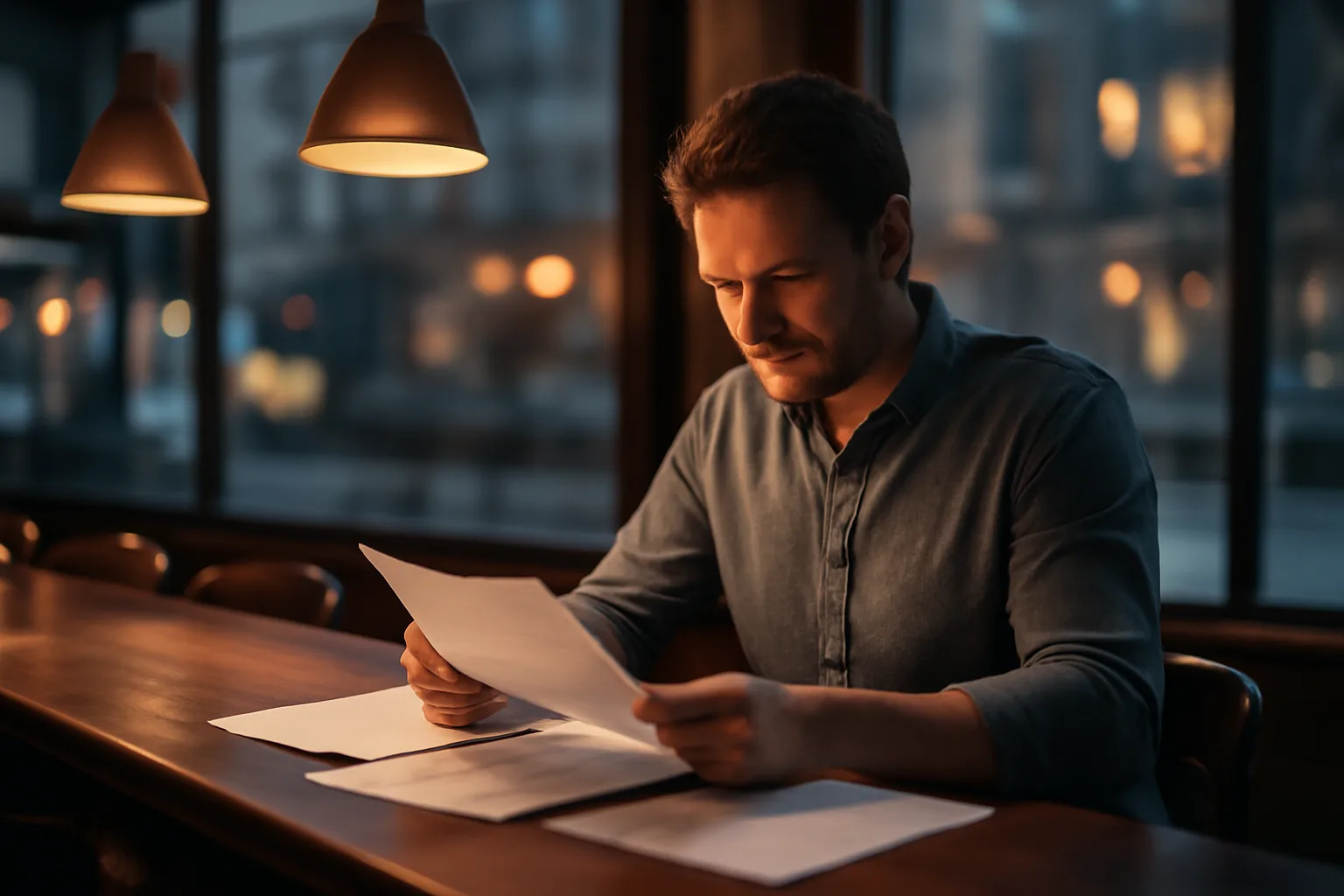 Restaurant owner reviewing liquor license paperwork at an empty bar counter