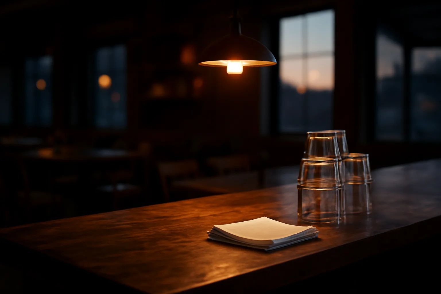 Empty restaurant bar counter at dusk representing the cost of a PA liquor license