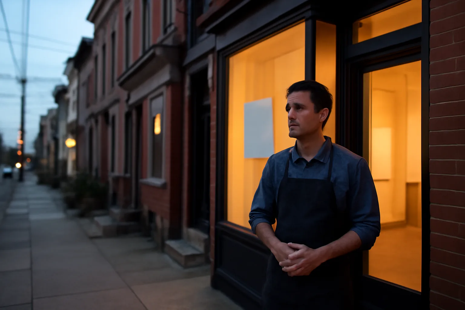 Restaurant owner outside empty Philadelphia storefront weighing liquor license cost decisions at dusk