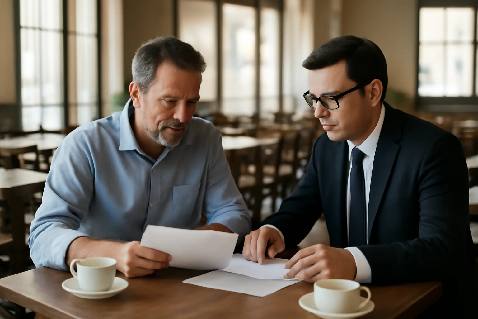 Restaurant owner and attorney reviewing documents in an empty dining room before opening