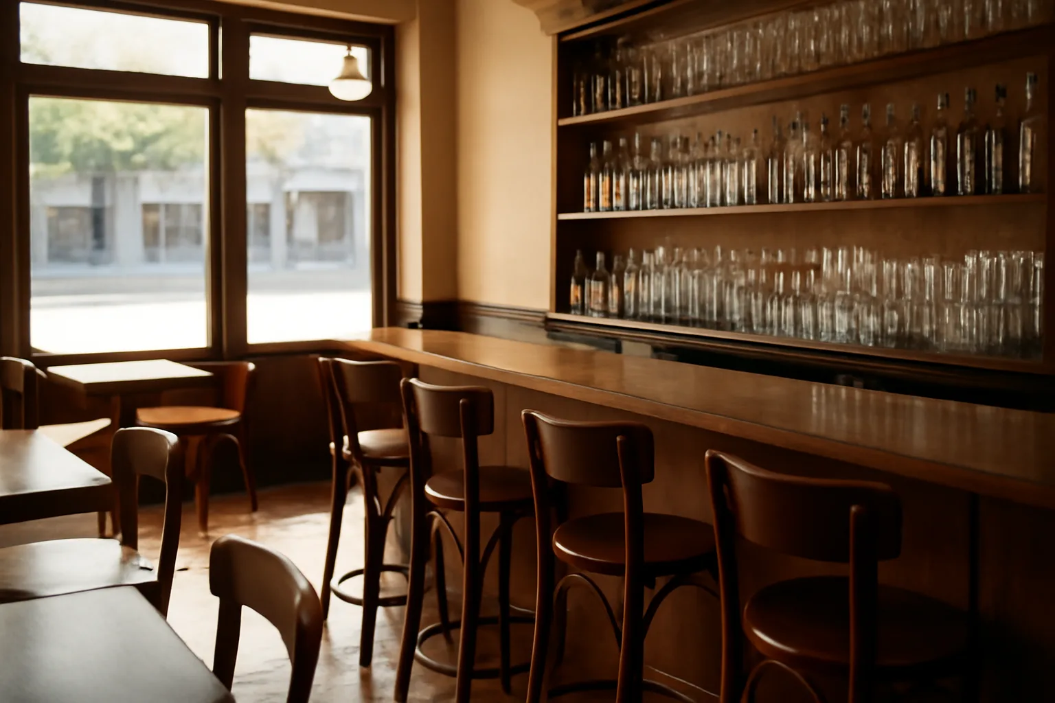 Empty restaurant bar with sunlit glassware, representing Washington state liquor license cost planning