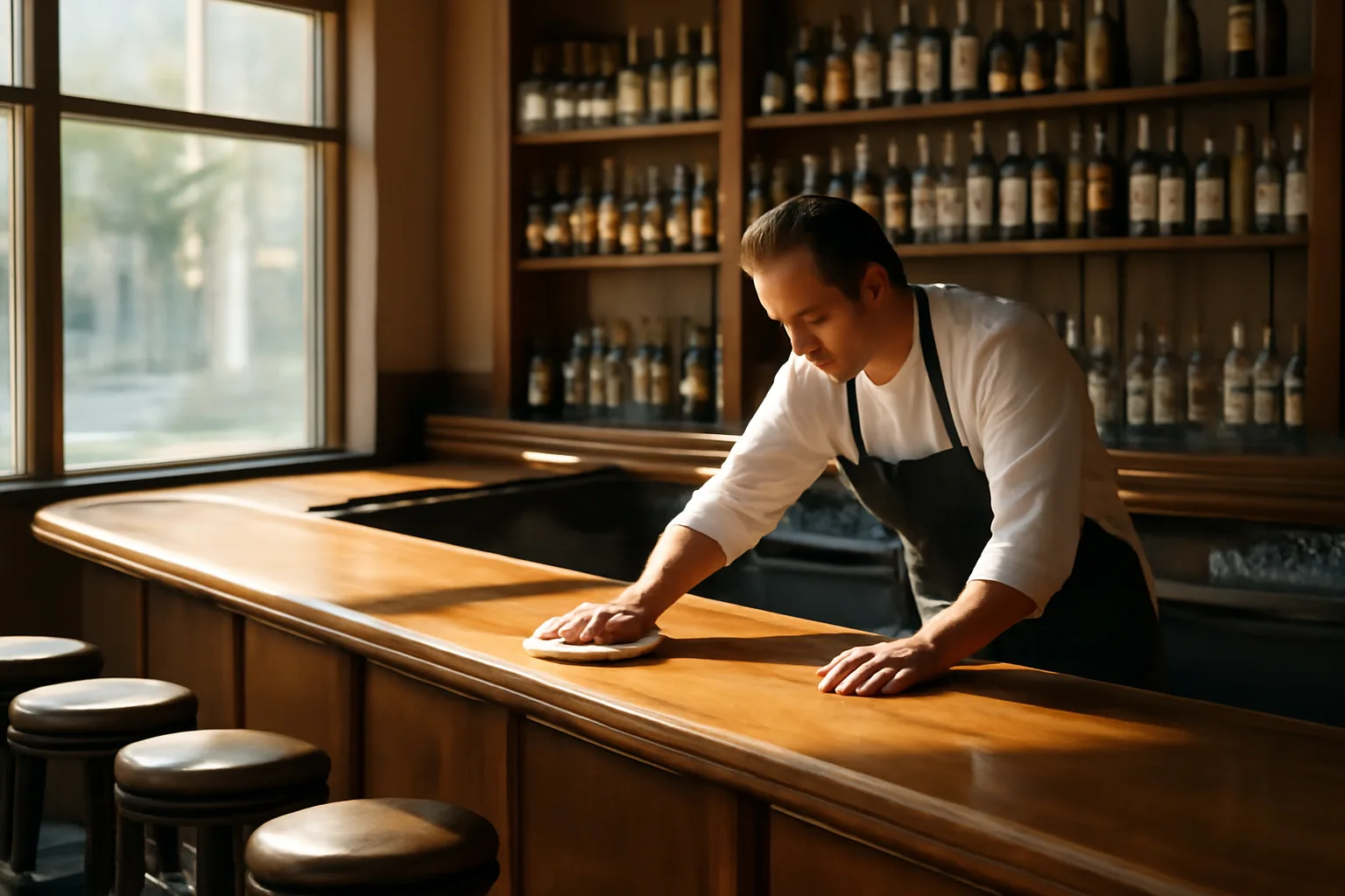 Empty restaurant bar before opening, illustrating the real cost of a liquor license