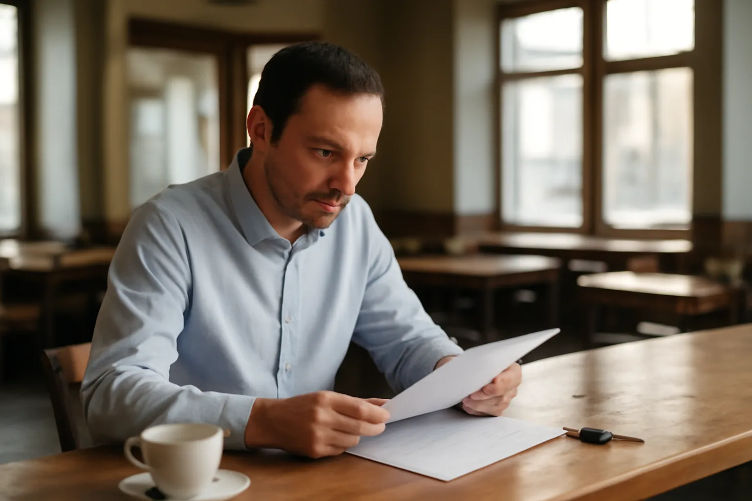 Restaurant owner reviewing documents at an empty bar counter before opening