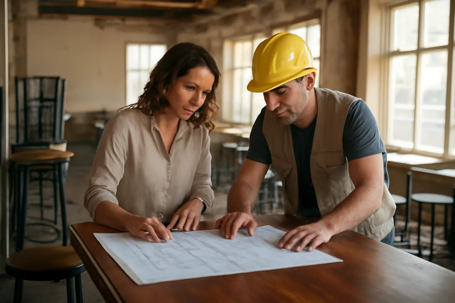 Restaurant owner reviewing floor plans on a bar top during buildout, related to abc lic applications